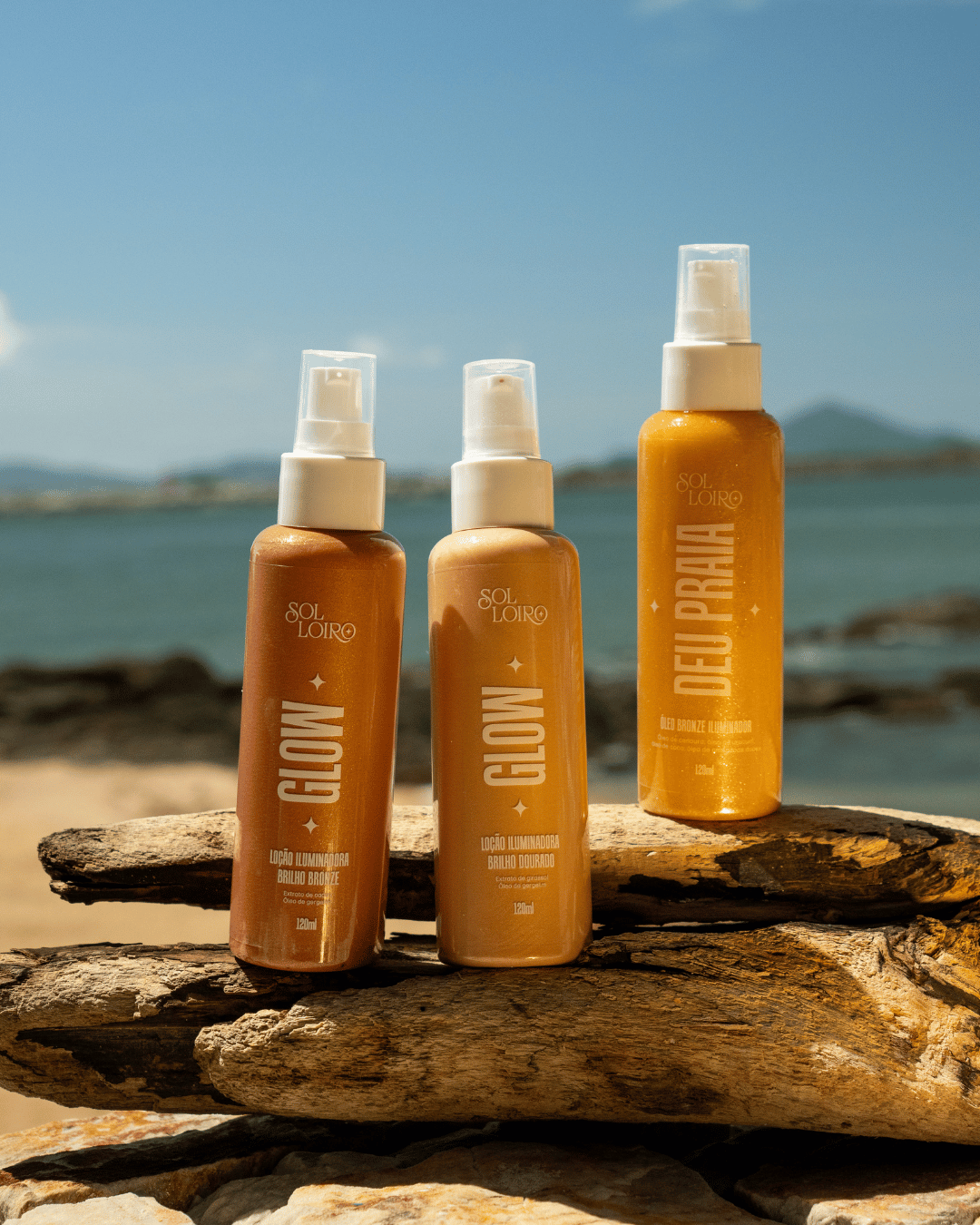 Kit Bronze Perfeito – Óleo Bronzeador Deu Praia, Glow Dourado e Glow Bronze
